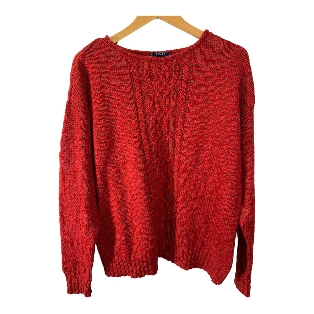 Chaps Womens Red & Metallic Cable knit Cotton Blend Sweater Size XL Christmas